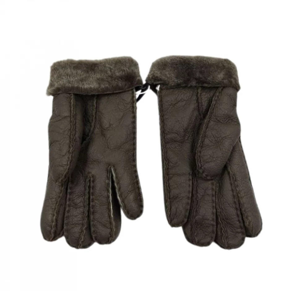 Женские Меховые Перчатки Ugg Шоколадные Кожаные (06)