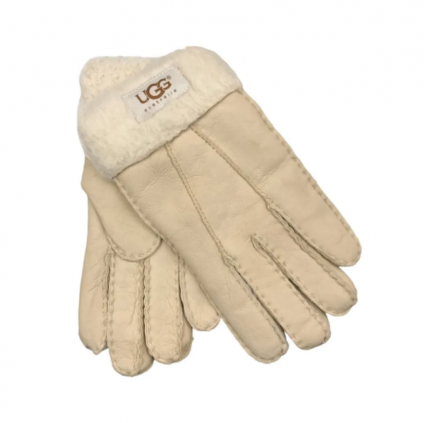 Женские Меховые Перчатки Ugg Бежевые Кожаные (13)